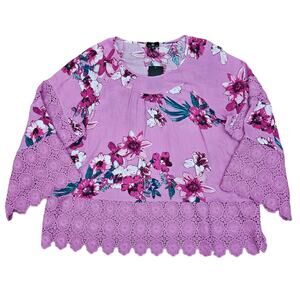 Curations Women's Plus Size Pink Floral Blouse Top Lace Embroidered Hem Size 1X